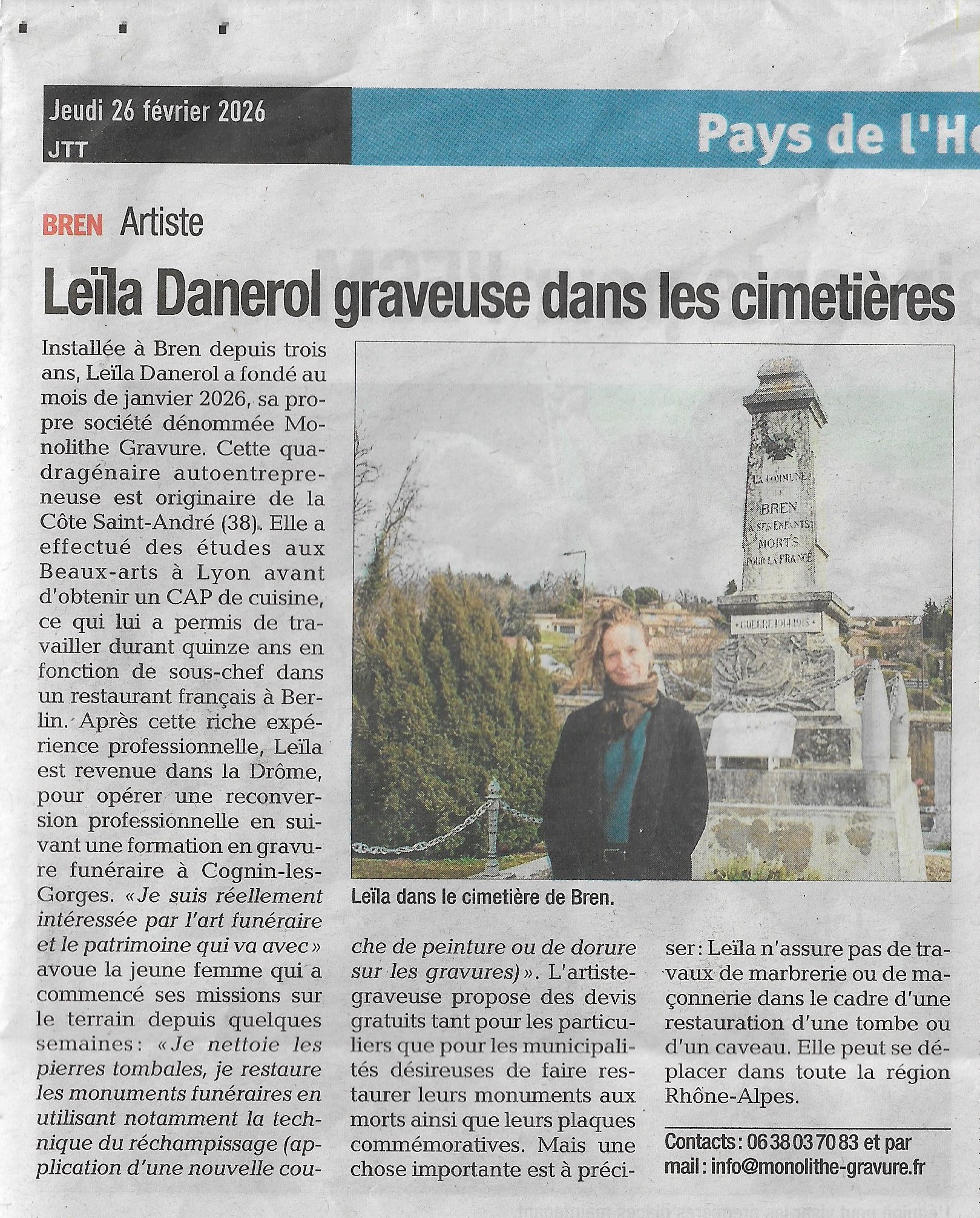 article de journal avec comme titre "Leila Danerol, graveuse dans les cimetières"