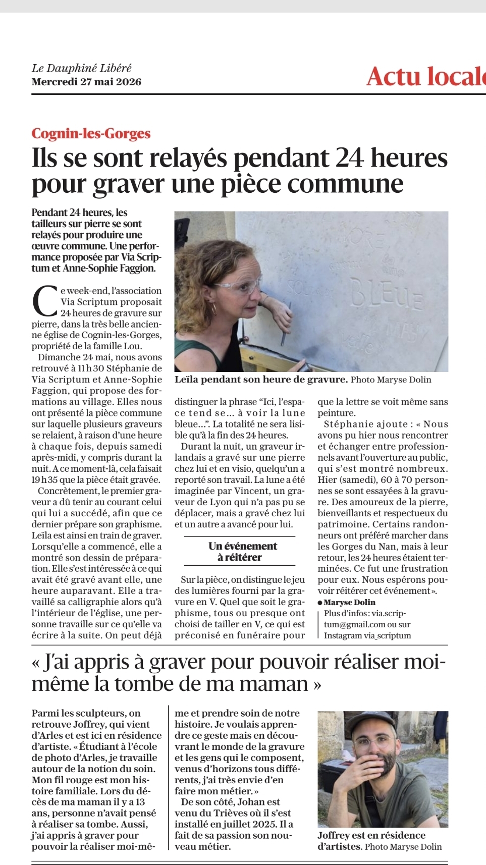 article de journal avec comme titre "Ils se sont relayés pendant 24 heures pour graver une pièce commune"