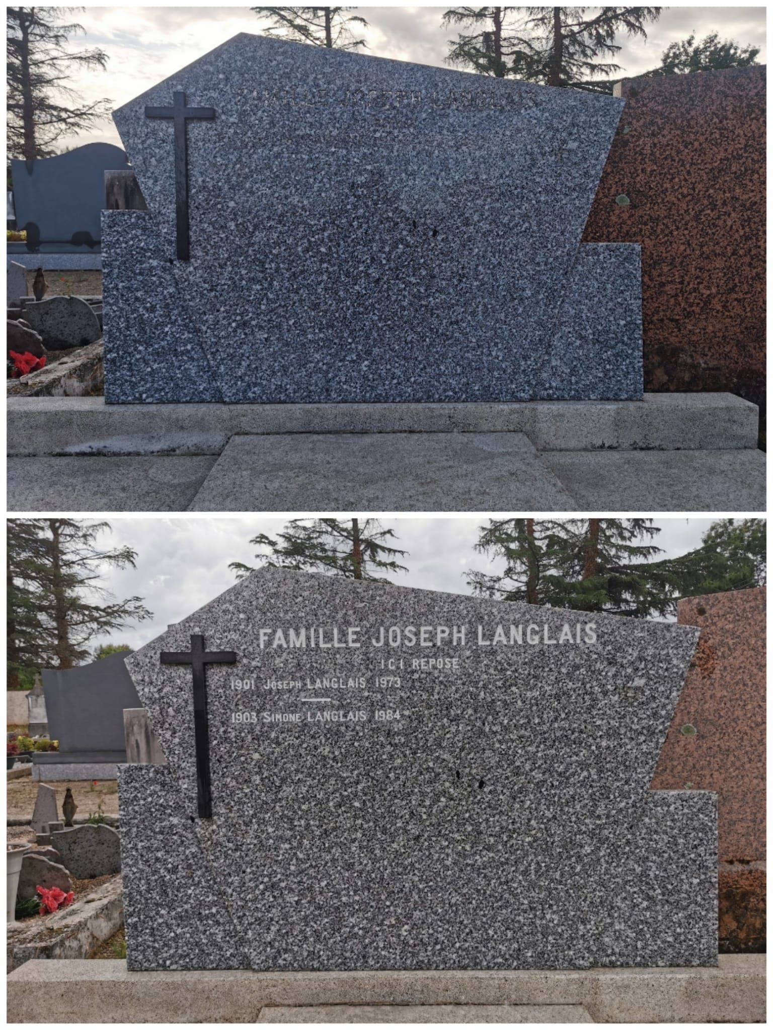 photomontage d'une stèle en granit gris avec une photo avant rechampissage et une photo après