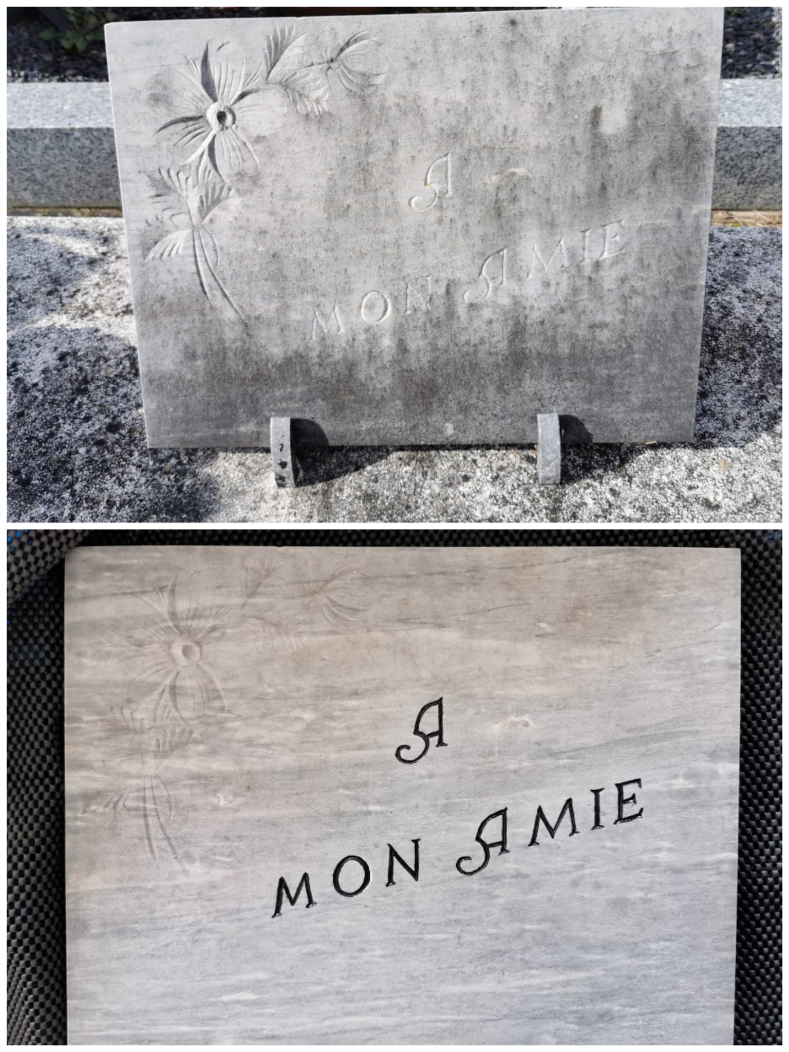 photomontage d'une plaque en marbre avant et après nettoyage, regravure et rechampissage des caractères