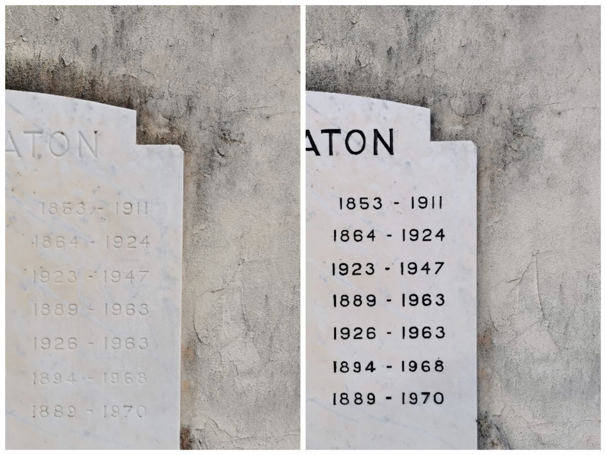 photomontage d'une plaque en marbre avant et après rechampissage des caractères